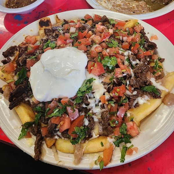 Sergio's Mexican Restaurant's carne asada fries topped with sour cream, pico de gallo, and cilantro.